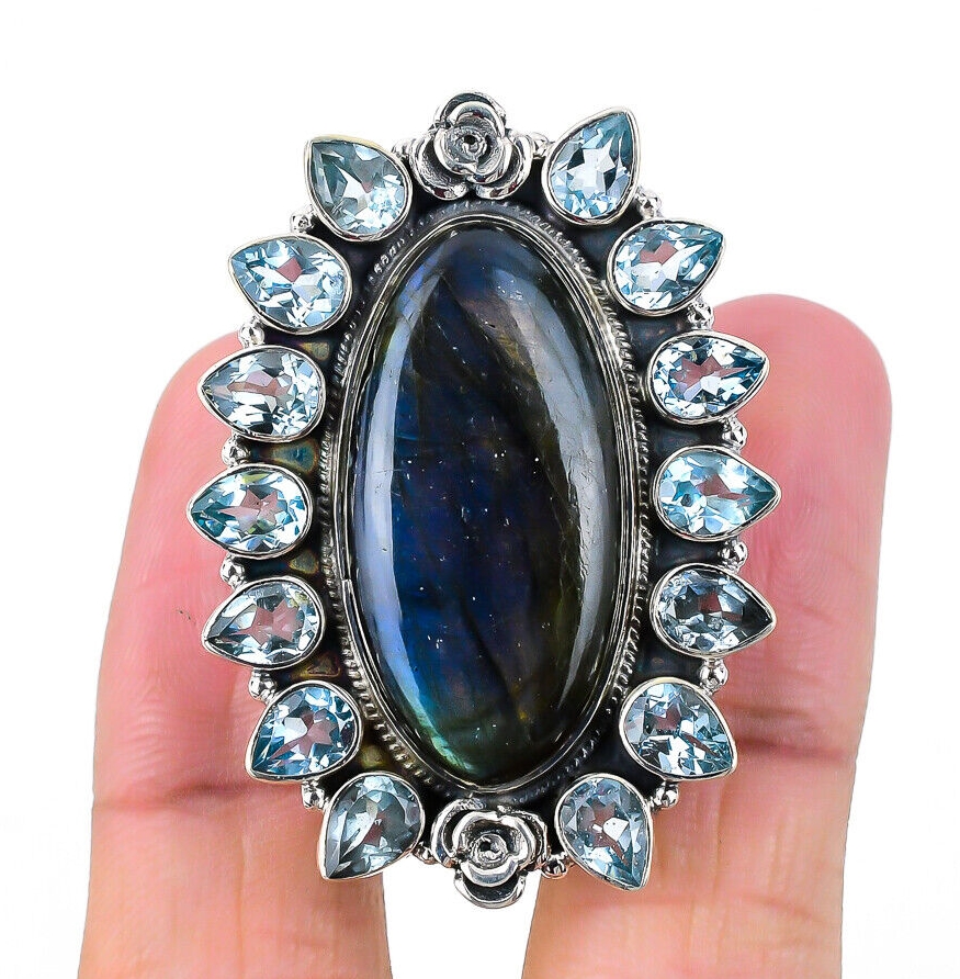 925 Sterling zilveren ring blauw Topaas en Labradoriet verstelbaar